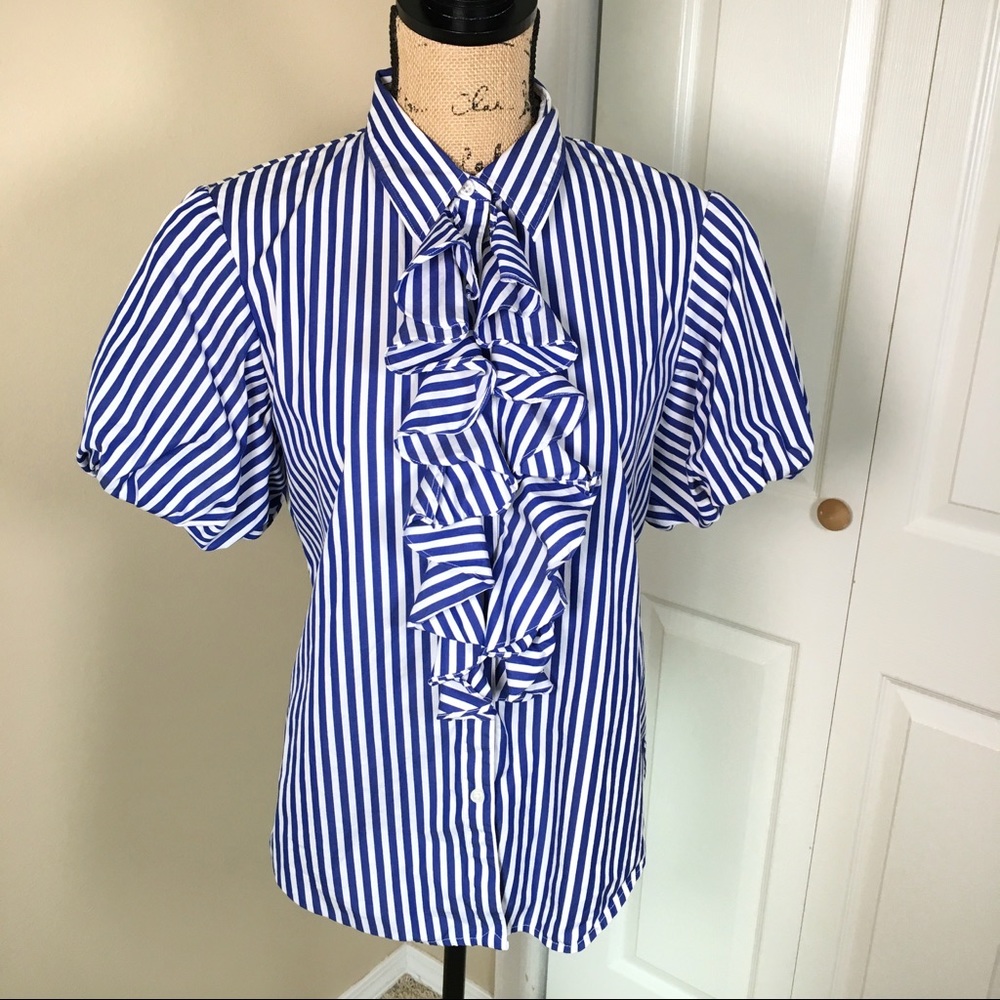 Ralph Lauren Blue White Striped Ruffle Shirt